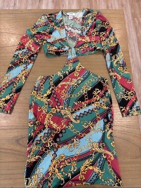 Just Polly Baroque Chain Print Cutout Mini Dress Medium Y2K Bodycon